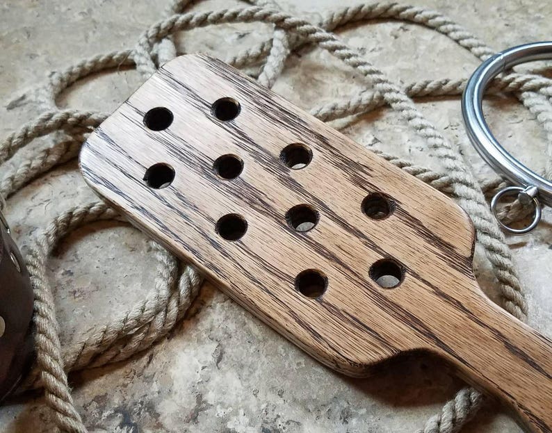 Boudoir Spanking Paddle with Holes in Oak with Dark Walnut Stain - Perfect for OTK, Femdom, Kink & BDSM Impact Play - MATURE 