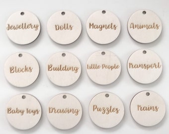 Wooden Tags | Personalised Tags | Round Square shapes  | Linen Pantry storage labels  Tags | Wooden Playroom Toy Storage Labels | Shapes