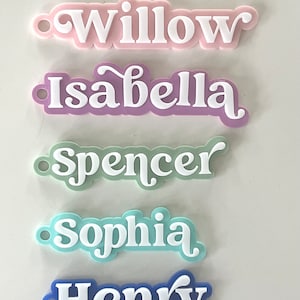 May include: Four name tags in pastel colours: pink "Willow", lilac "Isabella", mint green "Spencer", turquoise "Sophia", and navy blue "Henry". Each has a white font and a small hole for attachment.