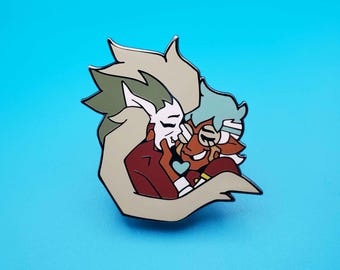 May include: A green and white character with a heart-shaped nose is hugging a brown and blue character with a beard and glasses. The characters are depicted in a cartoon style and are surrounded by a white outline.