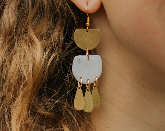 white Polymer Clay earrings // polymer clay earrings  // white earrings with gold leaf //  white boho earrings with brass charms