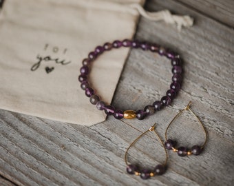 Schmuckset Perlenarmband & goldene Creolen // Schmuckset mit lila Amethyst Perlen // Geschenke Set mit Schmuck // Geschenkidee