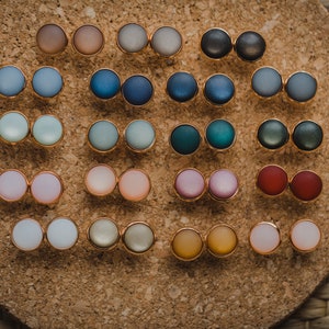 Pu&ograve; includere: Un set di 20 paia di orecchini rotondi in resina colorata. Gli orecchini sono esposti su un pannello di sughero.