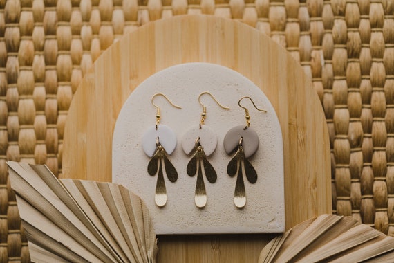 beige Polymer Clay earrings // polymer clay earrings  // beige earrings with golden flower//  beige boho earrings with brass charms