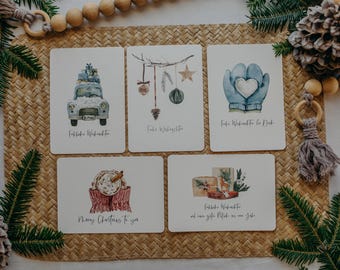 SET 1 – 5er Weihnachtskarten mit Weihnachtsbaum, Blaue Handschuhe, Geschenke – walnut&cherry Art.Nr. WNC-49160146649422