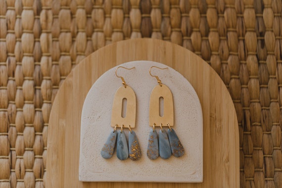 blue Polymer Earring // Boho Clay Earring // blue statement Earring // lightweight earrings // clay earrings // blue gold earring