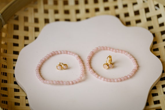 Schmuckset Perlenarmband & Ohrringe // Schmuckset mit Rosenquarz Perlen in Rosé // Geschenke Set mit Schmuck // Edelsteinschmuck