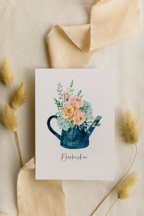 Postkarten Set blaue Gießkanne mit Blumen // blumige Grußkarte // Postkarte Gartenliebhaber // Dankeschön // Bedanken // Danke Postkarte