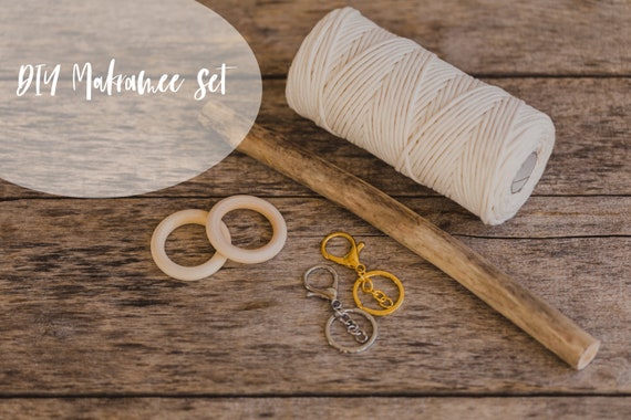 DIY Makramee Set, Material Set, Makramee, Macrame, Makramee Garn 3 mm, Treibholz, Schlüsselanhänger, Holzring, Blumenampel, DIY Set,