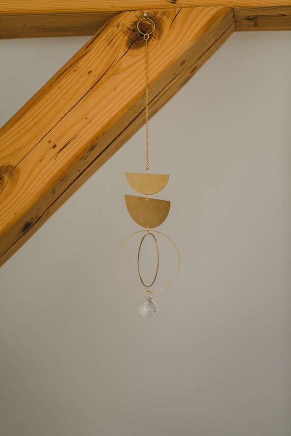 golden sun catcher semicircle // boho sun catcher // brass mobile // brass wall hanging // glas crystal rainbow maker  // light catcher