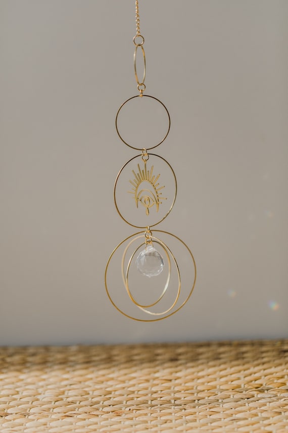 golden sun catcher with  golden eye // boho sun catcher // brass mobile // brass wall hanging // glas crystal rainbow maker