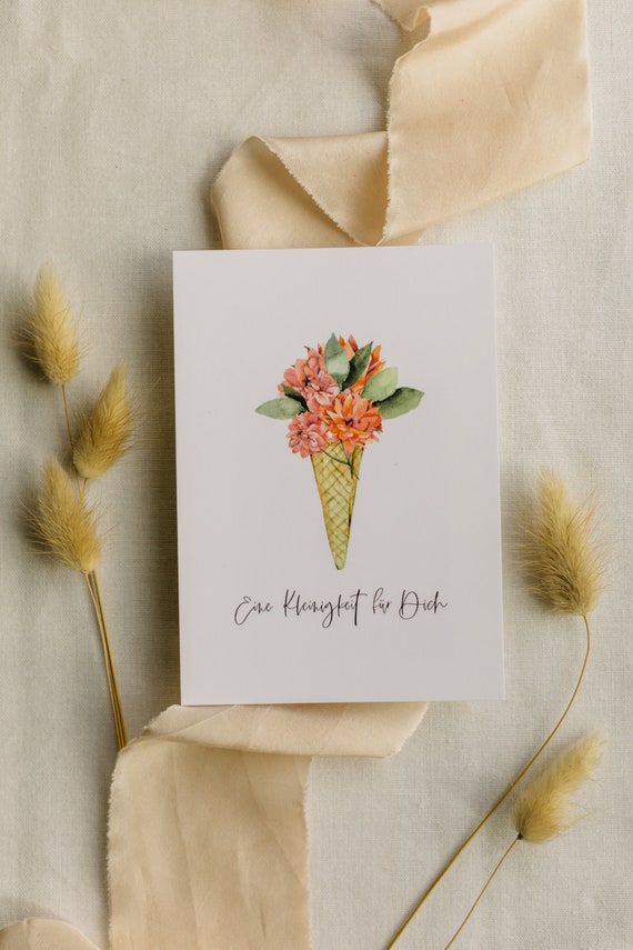 Postkarten Set zum Verschenken // Postkarte Eiswaffel mit Blumen // Eine Kleinigkeit für dich // Florale Postkarte // 3 er Set Postkarte