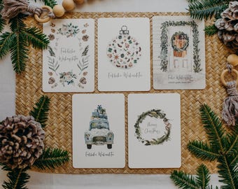 SET 4 – Weihnachtskarten im 5 Set mit Kranz-, Tür- und Christbaumkugel-Motiven I walnut&cherry Art.Nr. WNC-49160191410510