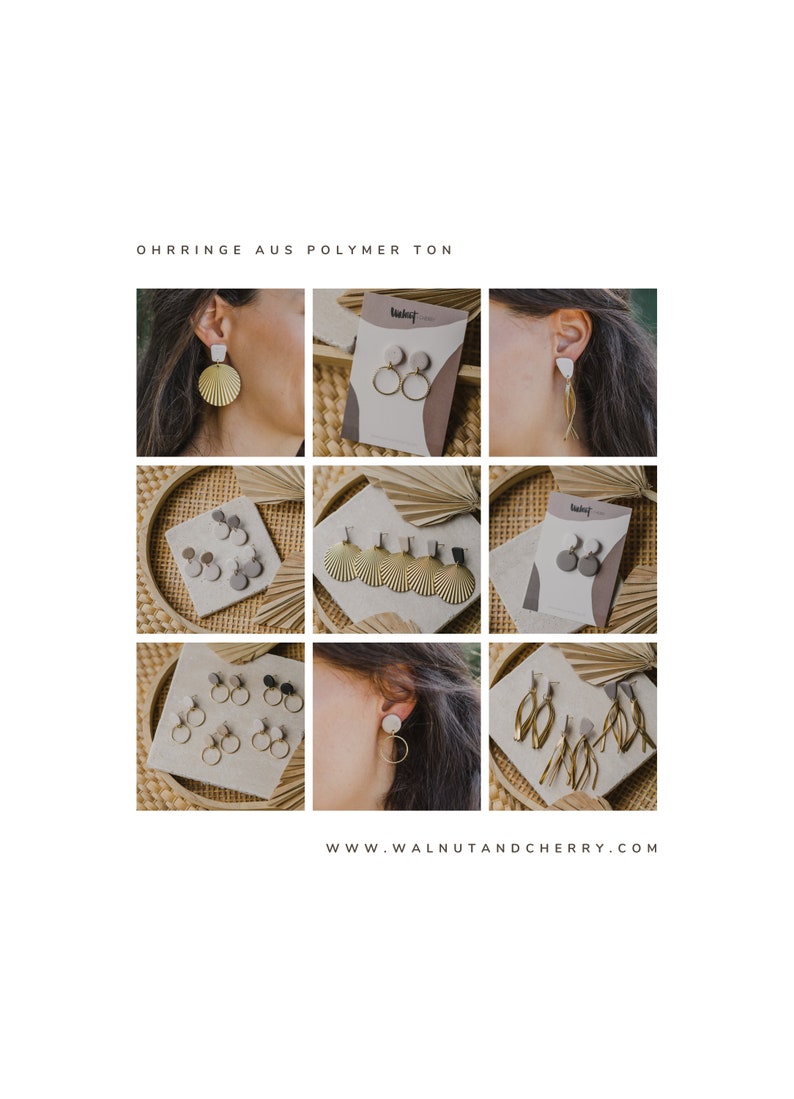 May include: A collection of gold and white polymer clay earrings. The earrings are displayed on a wooden surface and on models' ears. The earrings feature various shapes, including circles, shells, and abstract designs. The text "OHRRINGE AUS POLYMER TON" and "WWW.WALNUTANDCHERRY.COM" are visible in the image.