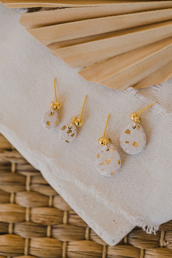 white small teardrop polymer clay earrings with gold leaf // NOMI earrings // white teardrop earrings // gift for her // clay earrings