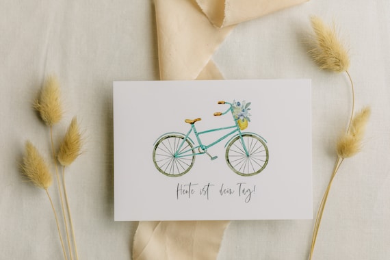 Postkarten Set Fahrrad // Karte: Heute ist dein Tag // Karte Geburtstag // Fahrrad Blumen // türkis // blau // Grüße aus dem Garten
