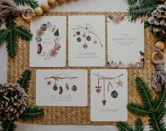 SET 3 – Fünf Weihnachtskarten mit Tannenzweig- und Christbaumkugel-Motiven I walnut&cherry Art.Nr. WNC-49160160706894
