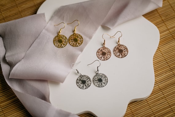 Ohrringe, Ohrhänger, Pusteblume, Boho-Style, Bohemian Anhänger, Ohrringe mit Geschenkkarte, Goldfarben, Roségold, Silberfarben, rund, Blume