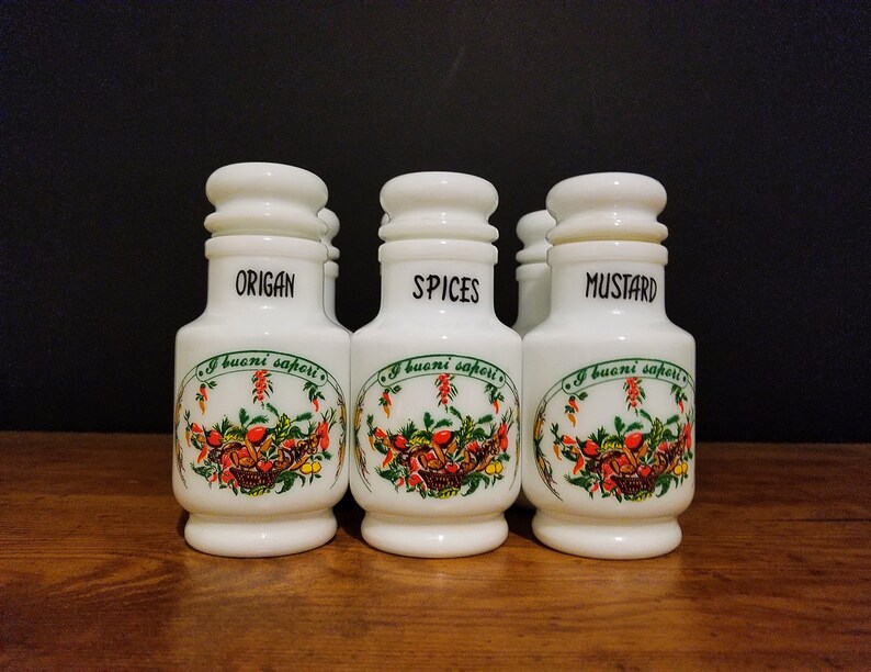 Milk Glass Jars Set Of Six Spice Jars Six Condiments Jar Set Vintage Giorgi Decor Apothecary Jar Set Kitchen Dining Home Living