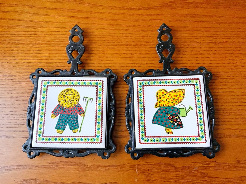 Vintage Set of Two Colorful Cast Iron and Ceramic Trivets, Pair Vintage Set of Two Colorful Cast Iron and Ceramic Trivets, Pair