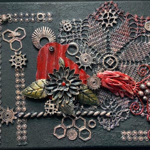 Mixed Media Bird Canvas Art: OOAK Assemblage, Found Objects