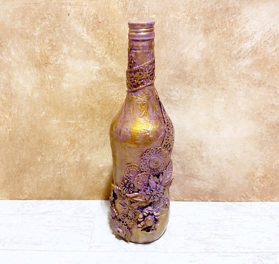 Mixed Media Bottle Art Recycled Wine Bottle Upcycled Glass