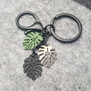 Monstera Keychain, three Monstera leaf charms - black, silver, gold, bronze or rainbow keychain options