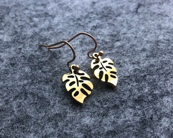 Monstera Leaf Dangle Earrings, Gold Color Charms