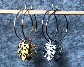 Monstera Leaf Hoop Earrings, Gold or Silver Color, Stainless Steel