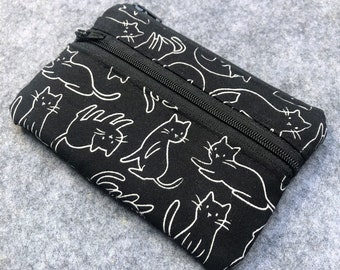 Coin purse, cat prints, small fabric bag with two pockets, money zipper pouch, wallet, travel storage