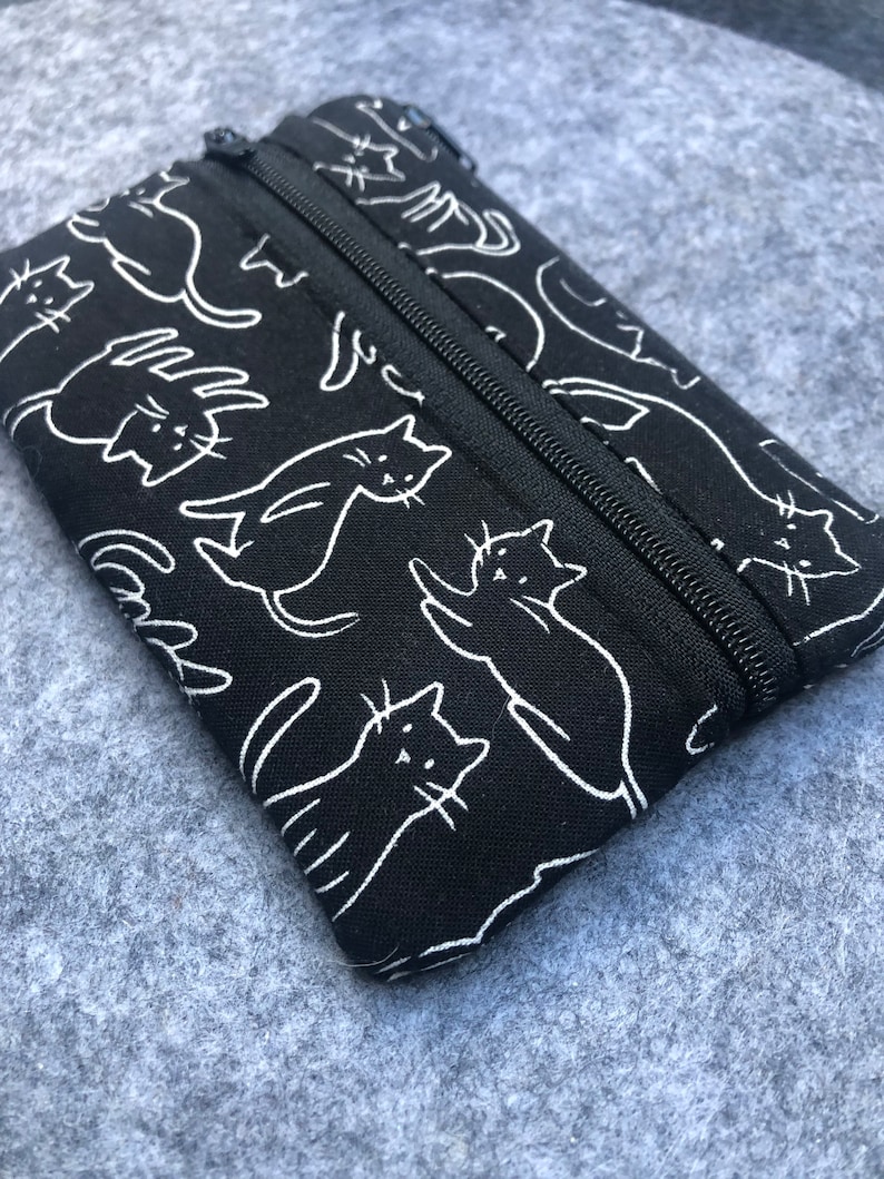 Porte-monnaie, empreintes de chat, petit sac en tissu avec deux poches, pochette zippée pour billets, portefeuille, rangement de voyage Black Cat Silhouette