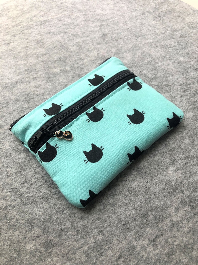 Porte-monnaie, empreintes de chat, petit sac en tissu avec deux poches, pochette zippée pour billets, portefeuille, rangement de voyage Mint Cat Dot