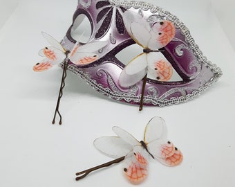 Set of 3 Delicate White Pink Butterfly Hair Clips. Silk Butterfly Hair Slides.