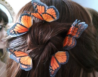 Monarch Butterfly Hair Pins. Beautiful Butterflies with closed wings made of Silk.