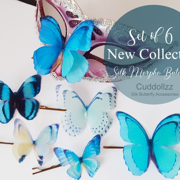 Set of 6 Morpho Silk Butterfly Hair Slides. Something Blue ~ Butterfly Hair Clips.