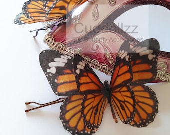 Burnt Orange Silk Butterfly Hair Slides, Auburn Wedding Hair Accessory