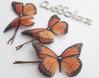 Monarch Butterflies set of 3 Silk, Auburn Pretty Hair Clips. Adorned with Swarovski Crystals, Beautiful Accessories for Special Occasions.