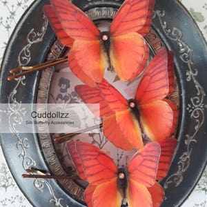 Burnt Orange Butterfly Hair Slides. Butterflies Hair Pins Set of 3. Handmade Silk Butterflies.