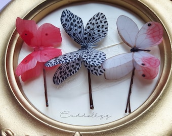 Butterfly Hair Clips Collection. Pick and Mix any set of 3 Silk Butterflies. Pink and Monochrome Butterfly Hair Slides.