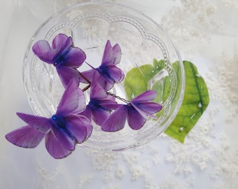 Set of 5 Purple Silk Butterfly Hair Clip. Deep purple Hair Pins with Swarovski Crystals.