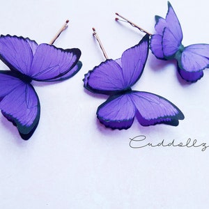 Ultra Violet Butterflies Pins. Set of 3 Purple Silk Butterfly Hair Slides.