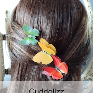 Set of 3 Lime Butterfly Hair Slides Collection. Silk Butterfly Hair Clips.