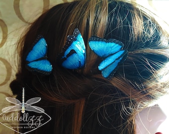 Silk Butterflies Blue Hair Accessories Wedding Bridesmaid gift  bobby pin Christmas present gift Woodland Wedding Cinderella Set of 3