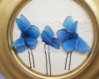 Blue Butterflies Clips Set of 3. Beautiful Handmade Butterfly Hair Pins. Silk Butterfly hair pins.