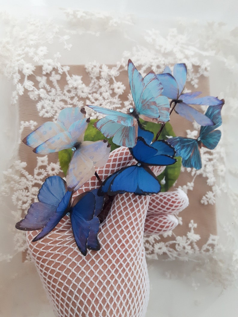 Butterfly Hair Pins with Swarovski Crystal. Set of 6 Blue Butterfly Hair slides. Perfect for Special Occasions or as a gift. Something Blue. image 2