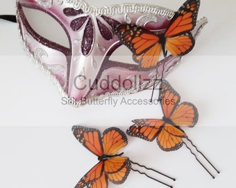 Monarch Butterflies Hair Clips, Set of 3 Burnt Orange Silk Butterflies.
