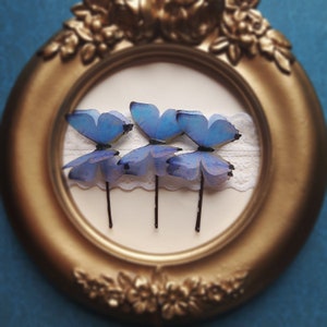 Cinderella Butterfly Hair Pins. Silk Butterflies ~ Blue Morpho Set of 3.