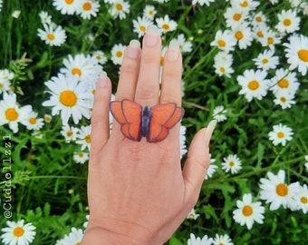 Ring with Orange Silk Butterfly Beautiful Romantic Silk Butterfly Ring