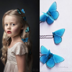 Stunning Blue Butterfly hair Clips. Beautiful Silk Butterfly Hair Pins. Set of 3.