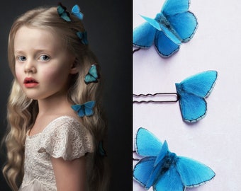 Stunning Blue Butterfly hair Clips. Beautiful Silk Butterfly Hair Pins. Set of 3.